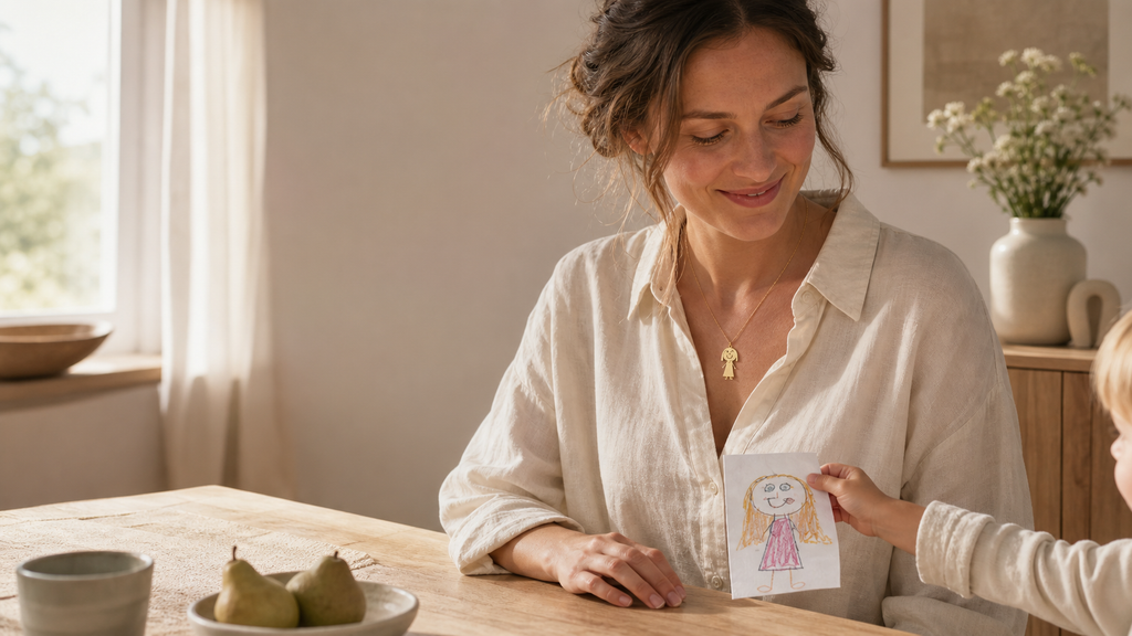 Moeder draagt een persoonlijk sieraad van een kindertekening