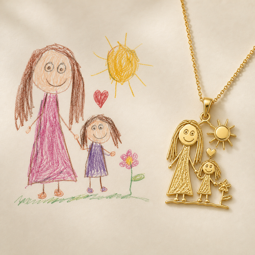 Kindertekening vertaald naar een persoonlijke hanger aan een ketting