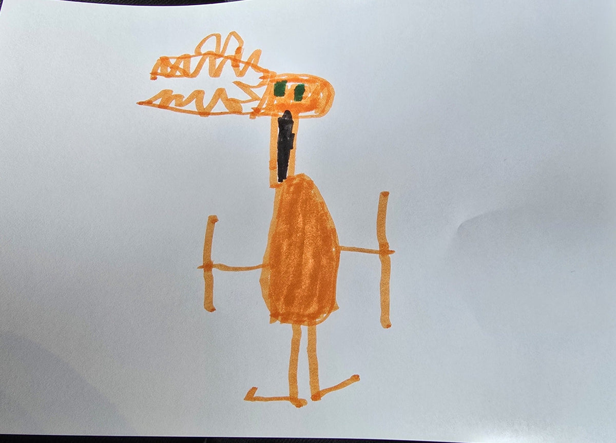 Originele oranje dinosaurus tekening van Noah