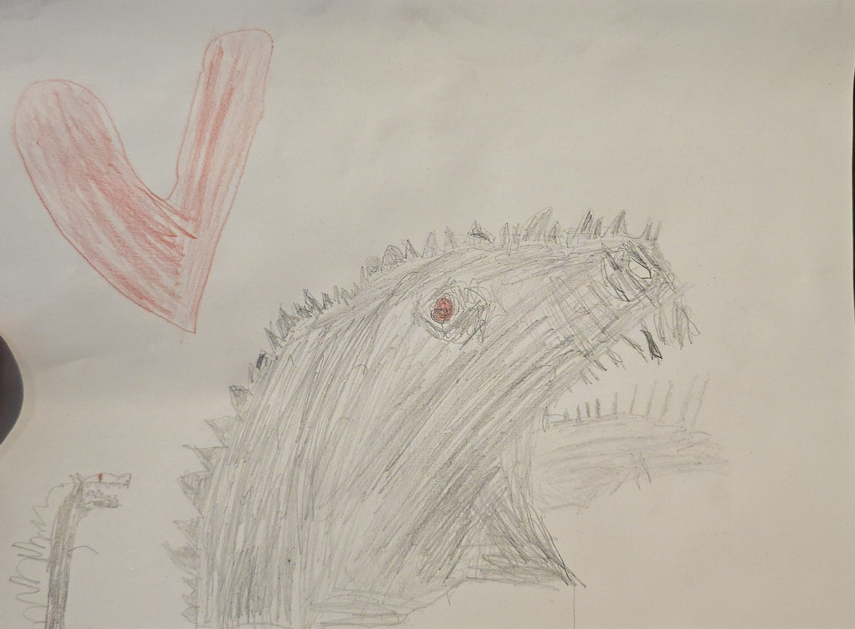 Originele potloodtekening van De Grote Dino door Noah