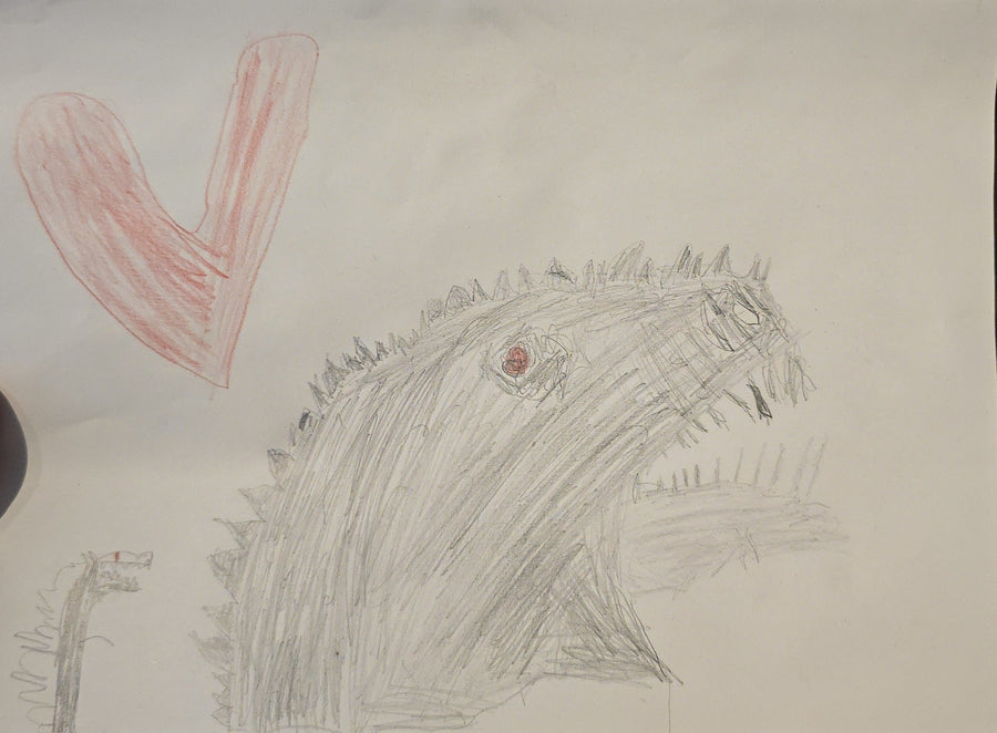 Originele potloodtekening van De Grote Dino door Noah